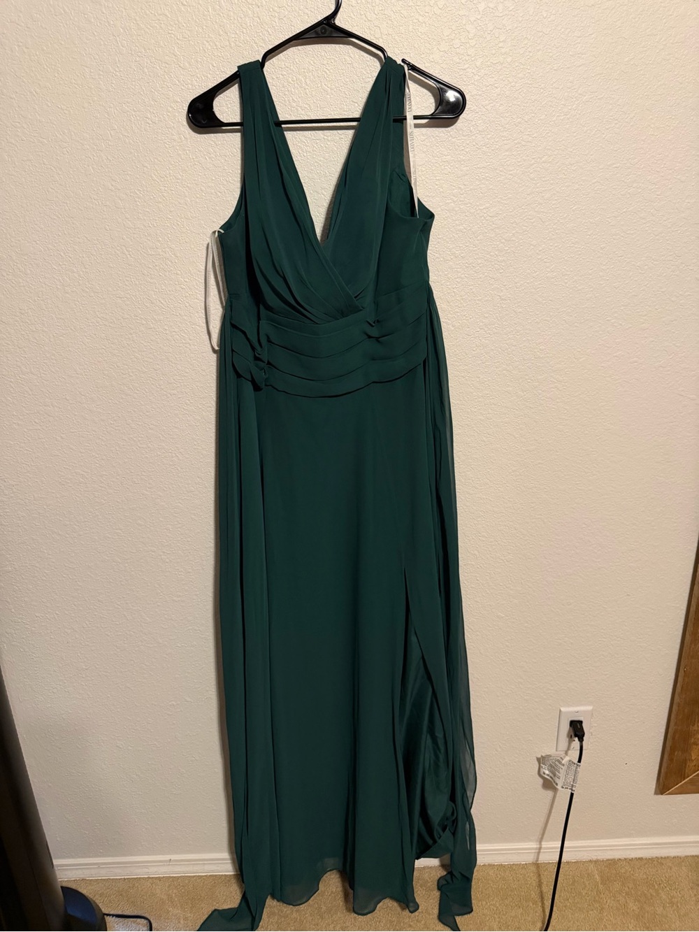 David's Bridal Emerald Green V-Neck Chiffon Gown